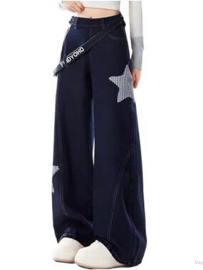 Wide Leg High Rise Plaid Stars Graphic Trim Denim Jeans Women Y2K Gothic Kawaii